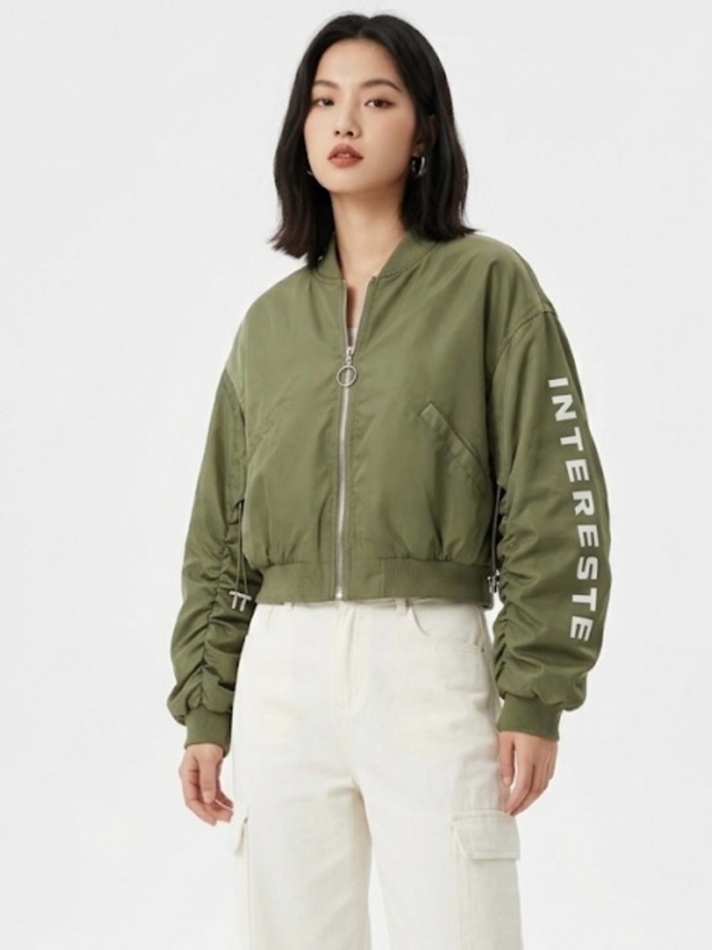 Sanfu Olive Green Cropped Bomber Jacket – Ruched Toggle Sleeves – Size S